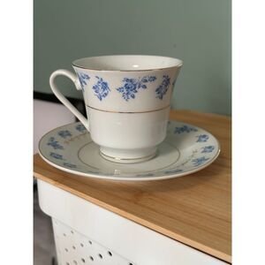 Dayspring Cards Vintage Blue Floral Teacup and‎ Saucer Set Gold Trim Fine China